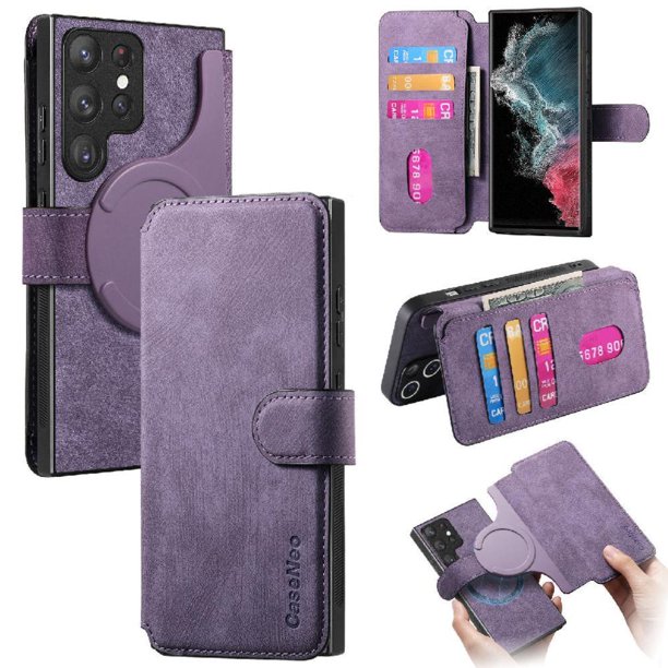 Funda Billetera Magnética para Samsung Galaxy S22 Ultra Soporte Tarjetas Desmontable Morado