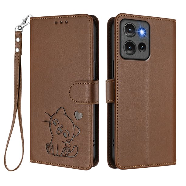 Funda Billetera con Relieve de Gato para Motorola Edge 50 5G, Marrón