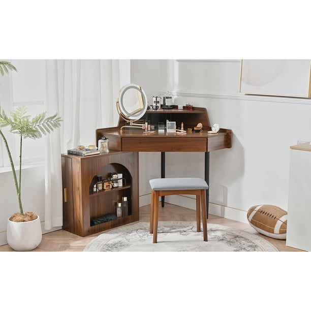 Corner Makeup Vanity Desk With Mirror & LED Lights, Modern Vanity Set With Mirror And Stool, Dressing Table With Large Storage For Small Place, Brightness Adjustable Folding Mirror, Walnut