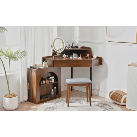 M&Ms - Corner Makeup Vanity Desk With Mirror & Led Lights, Modern Vanity Set With Mirror And Stool, Dressing Table With Large Storage For Small Place, Brightness Adjustable Folding Mirror, Walnut