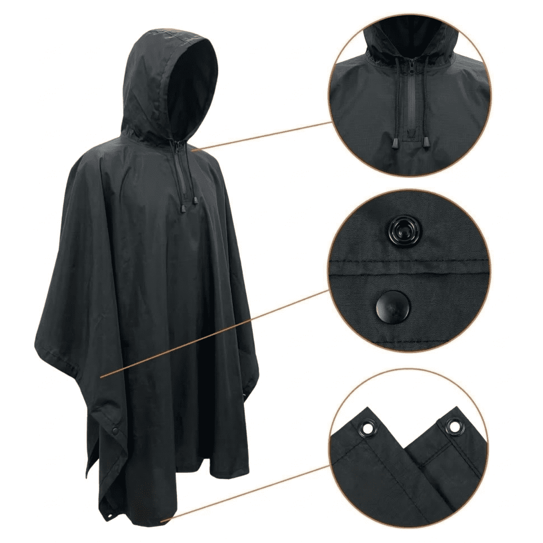 Genérica - Poncho Impermeable Tactico 3 En 1 Para Adultos, Capa De Lluvia Reutilizable, Toldo Y Manta De Acampar Para Senderismo, Negro