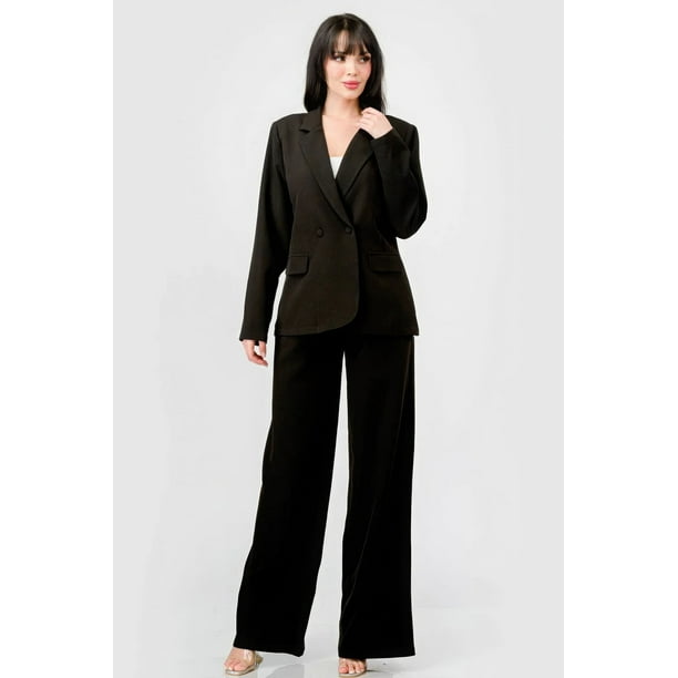 Conjunto Semiformal De Blazer Holgado De Manga Larga Con Botones Y Pantalones Anchos Tejido Elástico De Lujo Color Negro (para Mujer)