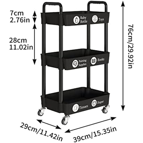 Carro de Almacenaje de 3 Niveles Laiensia Negro 39 x 29 x 76 cm