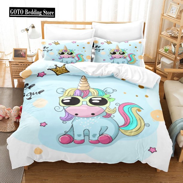 v294 Bed Sheets Printed Rainbow Unicorn Duvet Cover for Girls, Pink Bed Comforter Set, Cute Cartoon, Child Bedroom Decor for Teen Kids, X 3-Piece Bedding Set (1 Duvet Cover + 2 Pillow Shams) Bed Sheet