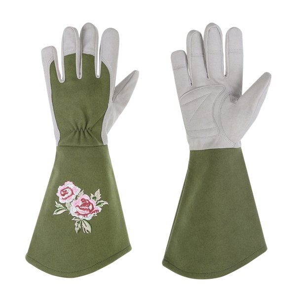 Guantes de jardinería para mujeres Uxcell a prueba de espinas, guantes de jardín de cuero extra largos medianos para podar rosas, verde