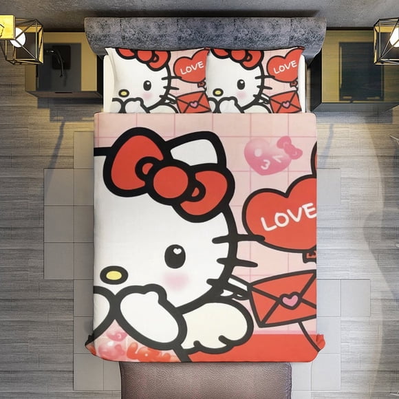 Hello Kitty BE MINE LOVE 3 Pieces Duvet Cover Set Full Size Super Soft Fade Resistant Microfiber
