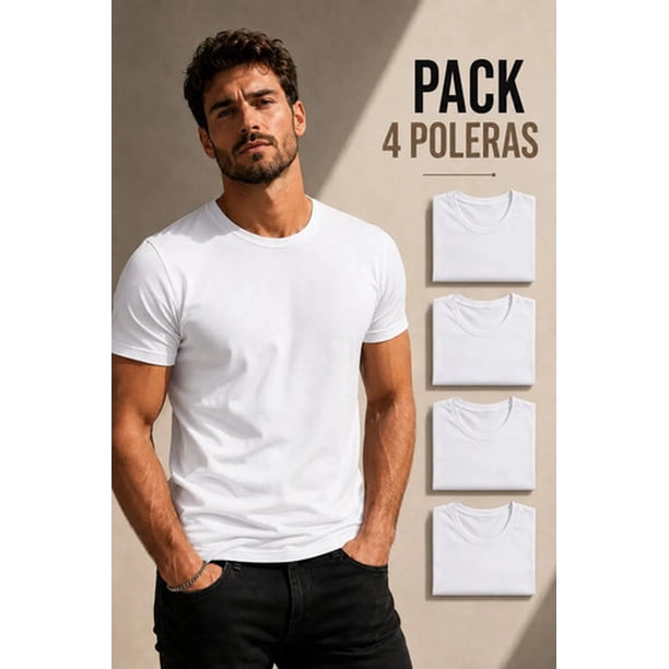 Pack 4 Poleras Basicas Cuello Redondo 100% Algodon 200g Blanco L Lisa
