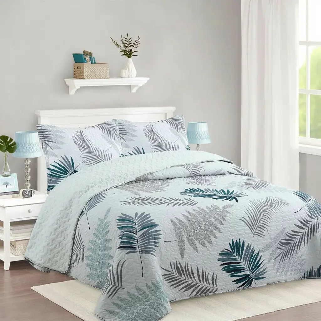Casadeliacl - Cubrecama Quilt Sherpa 2pl Verde Gris Y Azul Petróleo Estampado Botánico De Hojas Tropicales