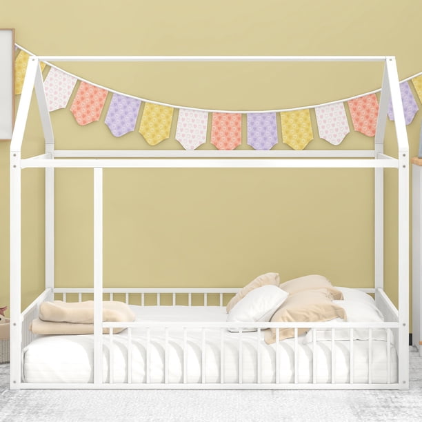Full Size Metal Bed House Bed Frame with Fence, for Kids, Teens, Girls ...