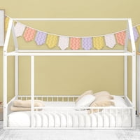 M&Ms - Full Size Metal Bed House Bed Frame With Fence, For Kids, Teens, Girls, Boys,White