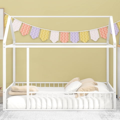 M&Ms - Full Size Metal Bed House Bed Frame With Fence, For Kids, Teens, Girls, Boys,White