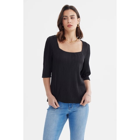 Fashionspark - Polera Mujer Manga Al Codo Texturizada Negro