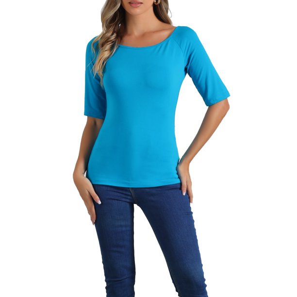 INSPIRE CHIC Camisetas de Mujer para Regreso a Clases con Cuello de Barco, Mangas Medias, Ajustadas, para Capas, Camiseta Suave XS Azul Lago