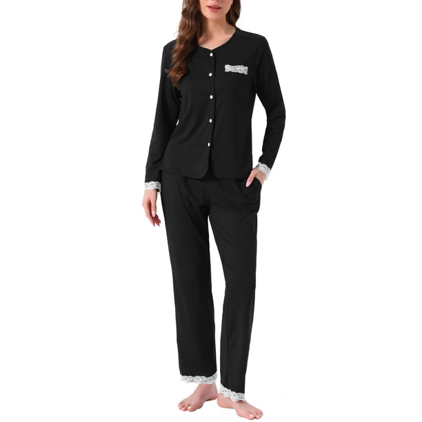 Conjuntos de pijamas para mujeres con encaje, manga larga, botones, ropa de dormir, pantalón con cintura elástica, ropa de estar en casa con bolsillos, M Negro