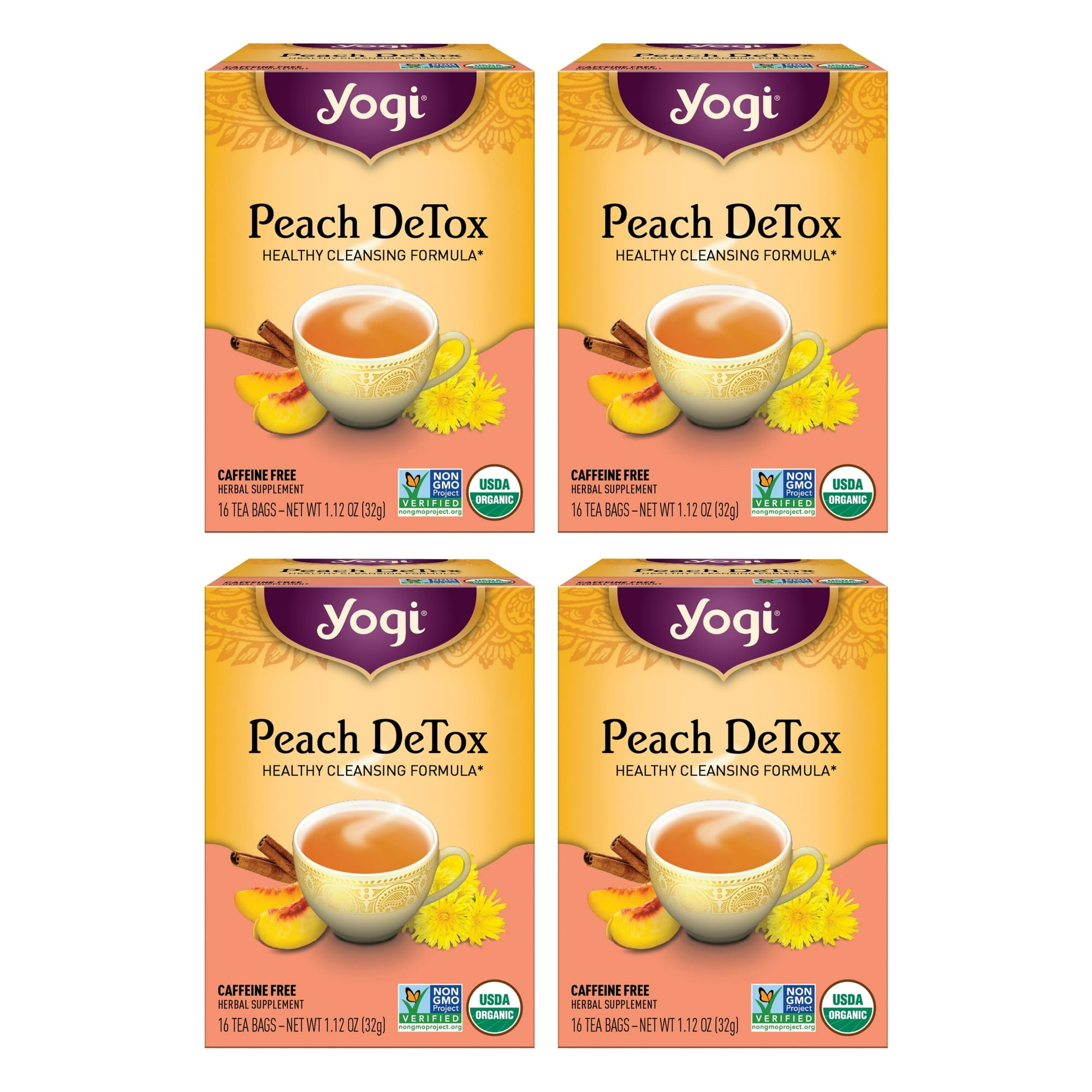 Tea Yogi Peach Detox 16 Bolsitas De Té Por Paquete (4 Paquetes) Orgánico