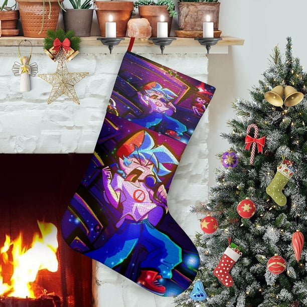 Friday Night Funkin Tema: Calcetines de Navidad, fino lino blanco para colgar en escaleras y chimenea, decoración navideña para el hogar, regalo de Navidad.54cm×38cm