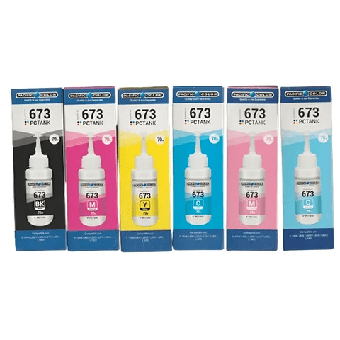 Pacific Color - Tinta Alternativa Pack T673 L1800 L805 L850 L810 L800 Negro Cyan Magenta Yello