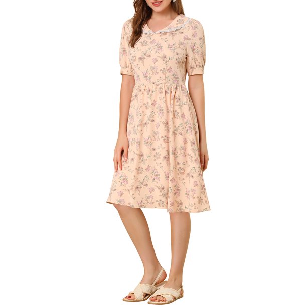 INSPIRE CHIC Vestido Vintage de Mujer con Cuello Peter Pan, Cintura Alta, Midi Flowy, Manga Abullonada, Floral, XS Rosa