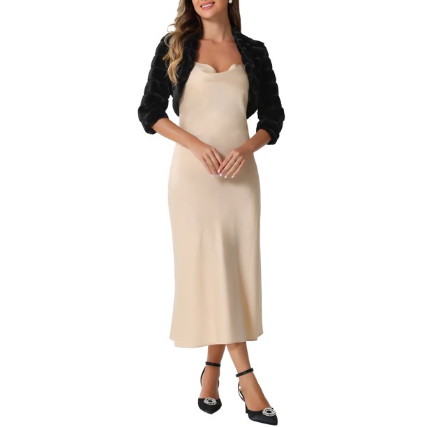 INSPIRE CHIC Chaqueta Bolero para Mujer para Vestidos de Noche Boda Abierta Delantera Recortada Esponjosa Imitación de Piel M Negra
