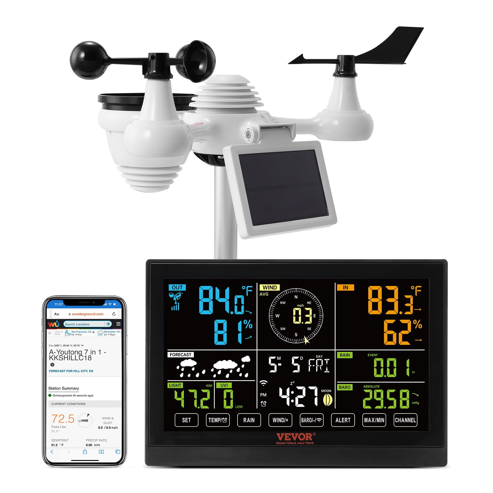 Estación Meteorológica Vevor Yt60234 Wifi 7 En 1 Con Pantalla De 7,5 Pulgadas