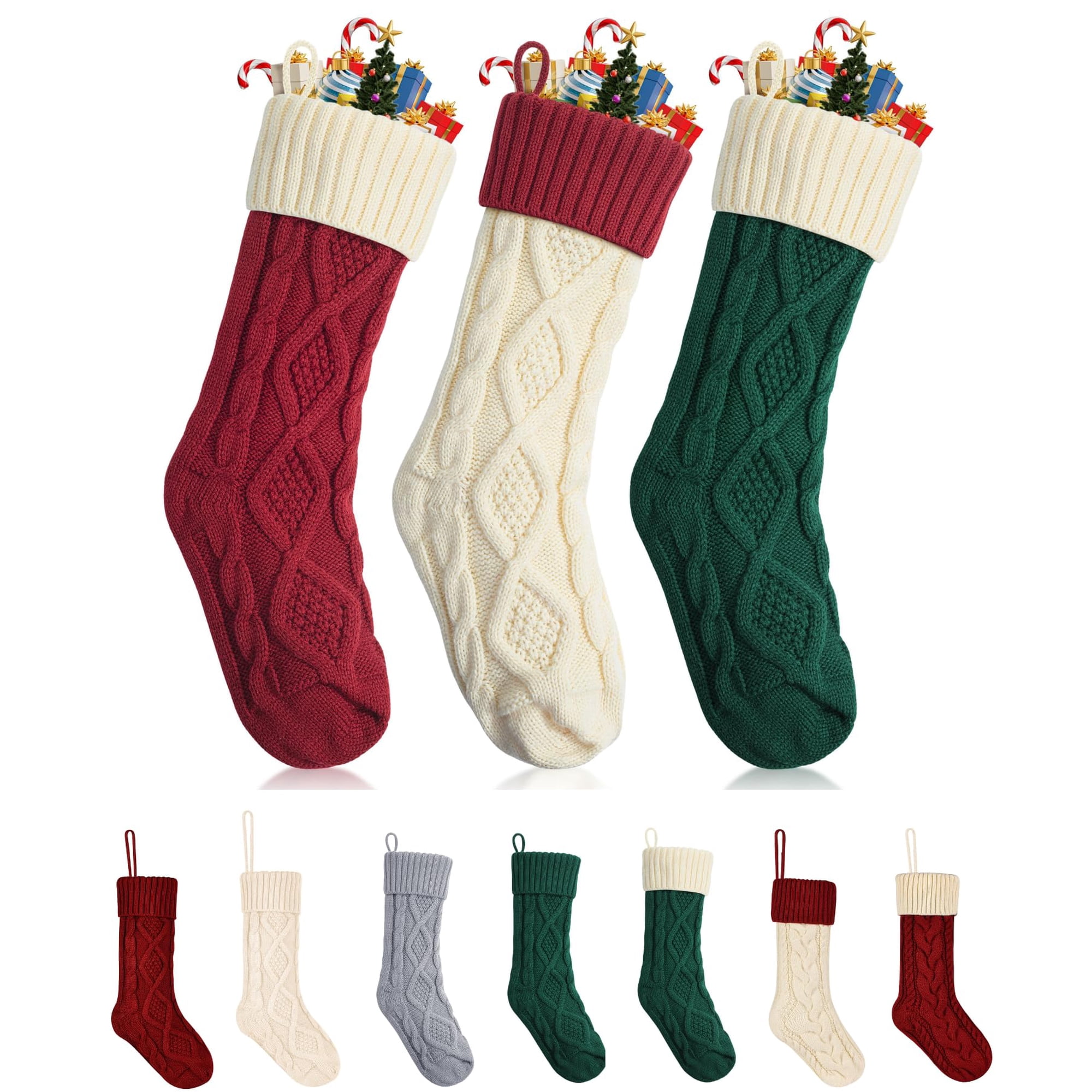 Medias Navideñas Mr. Pen, Tejido Con Cable, 46 Cm, Paquete De 3, Rojo/crema/verde