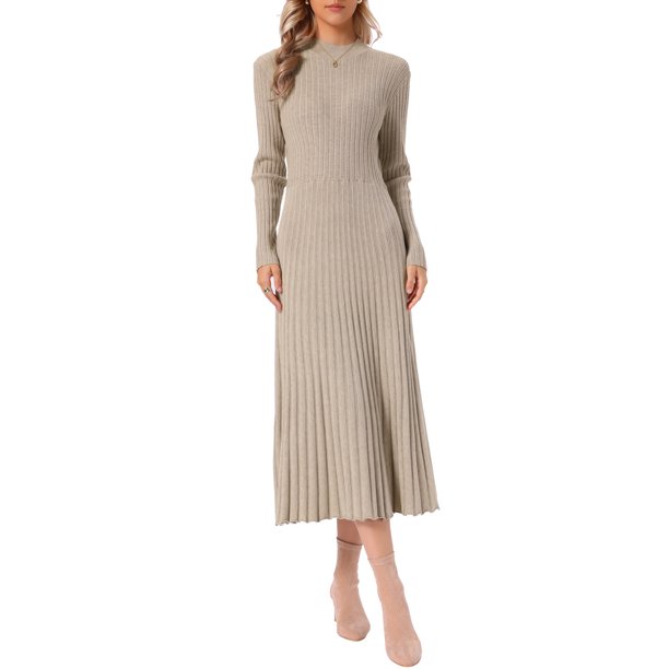 INSPIRE CHIC Vestido Suéter Plisado para Mujer Cuello Simulado Manga Larga Casual Otoño Invierno Tejido de Punto A-Line Midi Vestido L Camel