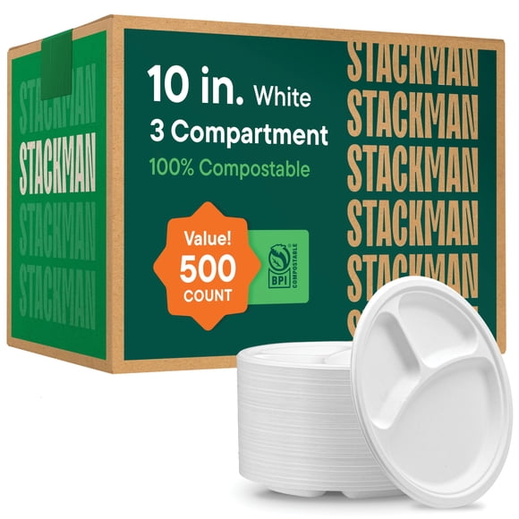 Platos de papel Stack Man, 10 pulgadas, 500 unidades, compostables