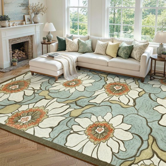 Alfombra Cuzwlovita 244x152 cm Verde Floral Lavable