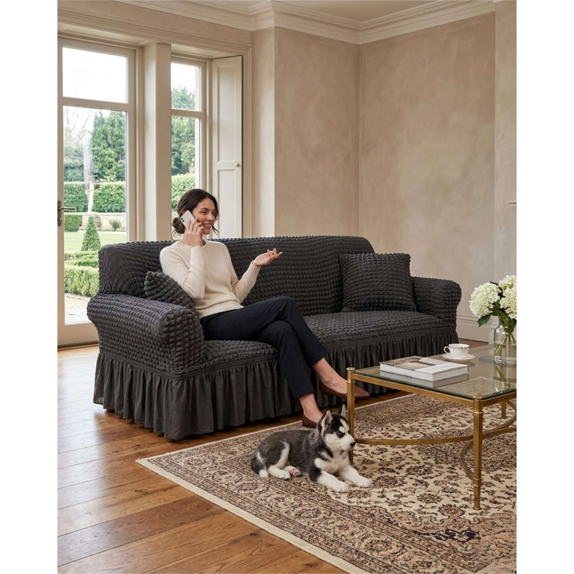 Mylhogar - Funda De Sofa Turca De 4 Cuerpo Diseño Premium Con Faldon