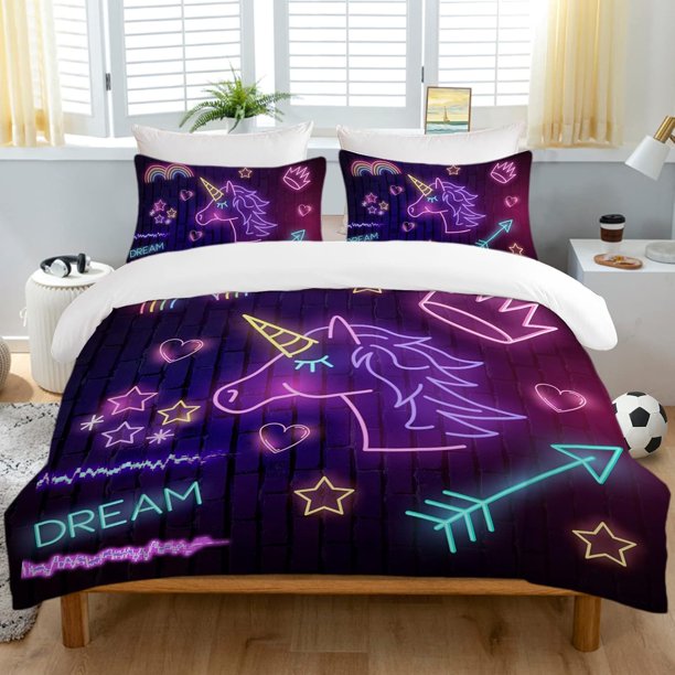 Purple Unicorn Full Bedding Set for Kids Boys Girls Glitter Galaxy Unicorn Duvet Cover 3 Piece Space Unicorn Comforter Cover