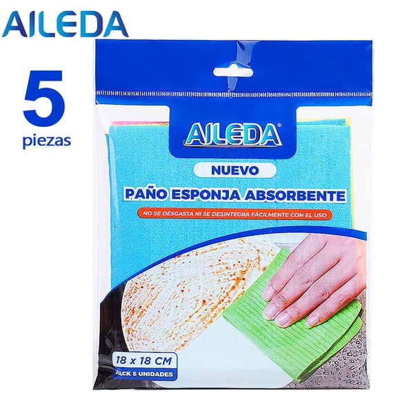 Paño De Limpieza Aileda Paño Esponja Absorbente Celeste - Amarillo - Rosa 5 u Paño Esponja Ultra Absorbente Multiuso 18x18cm