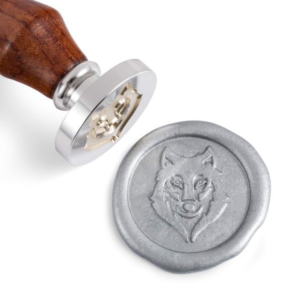 Sello de cera MCEAL 30 mm con diseño de lobo y mango de palo de rosa