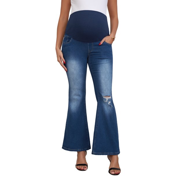 INSPIRE CHIC Pantalones de Maternidad para Mujeres Jeans Bootcut Pierna Rota Alta Elasticidad Sobre el Vientre Embarazada Acampanados Pantalones de Mezclilla Casual S Azul Oscuro
