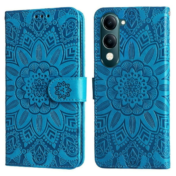 Funda tipo cartera FOXDOCK para Vivo Y04 , diseño girasol en relieve, cuero PU, cierre magnético, soporte y tarjetero
