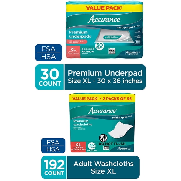 Protectores Assurance XL, 30 unidades y toallitas XL, 192 unidades