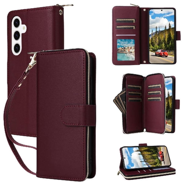 Funda Cartera con Cremallera y Correa para Samsung Galaxy S26 Plus 5G Soporte y Tarjetero Rojo