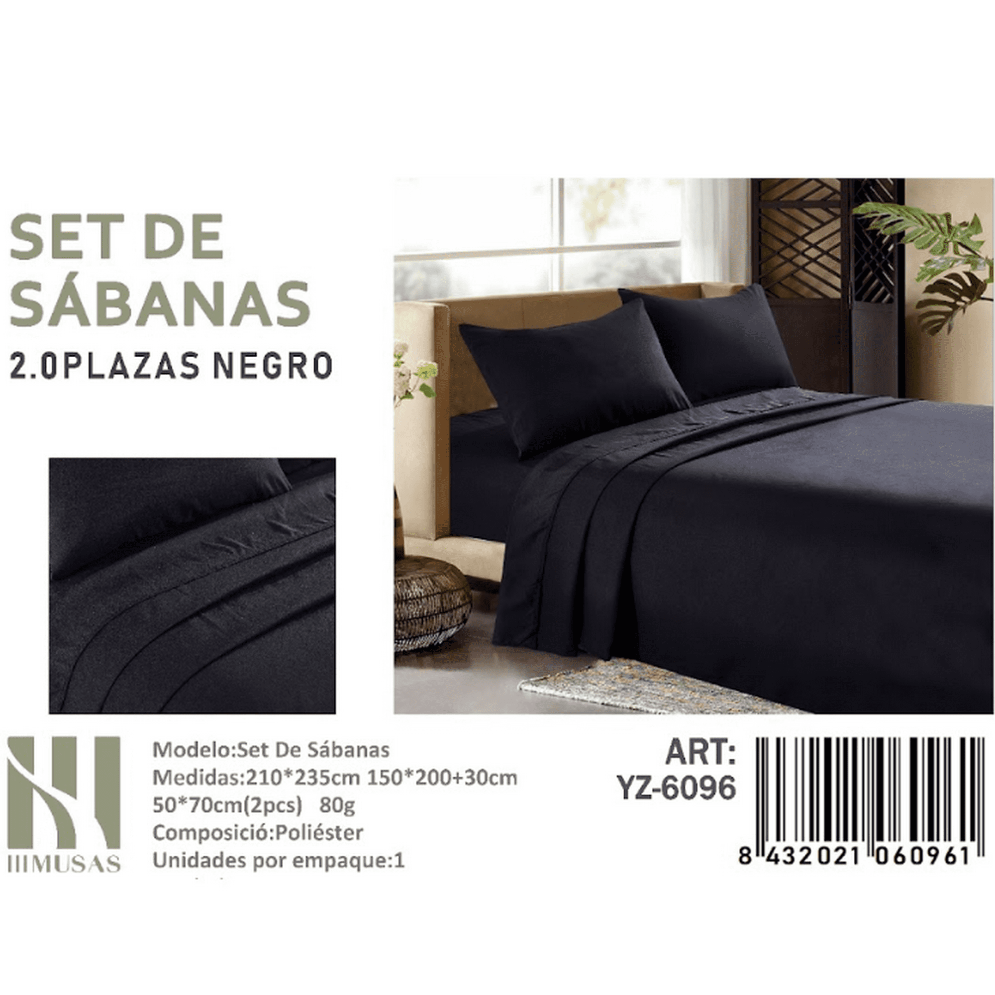 Mundo Shopping - Set De Sabanas 2.0 Plazas Color Negro 150 Hilos 2 Funda De Almohada