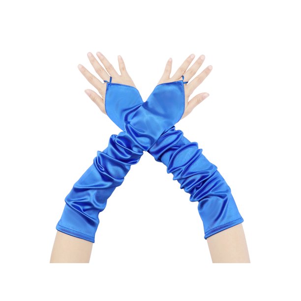 Mangas de satén y PU para mujer, mangas sin dedos hasta el codo, mangas de fiesta con bucle para el dedo para disfraz de Halloween y Navidad 1 par 18.1"x4.7"(LxW) Azul