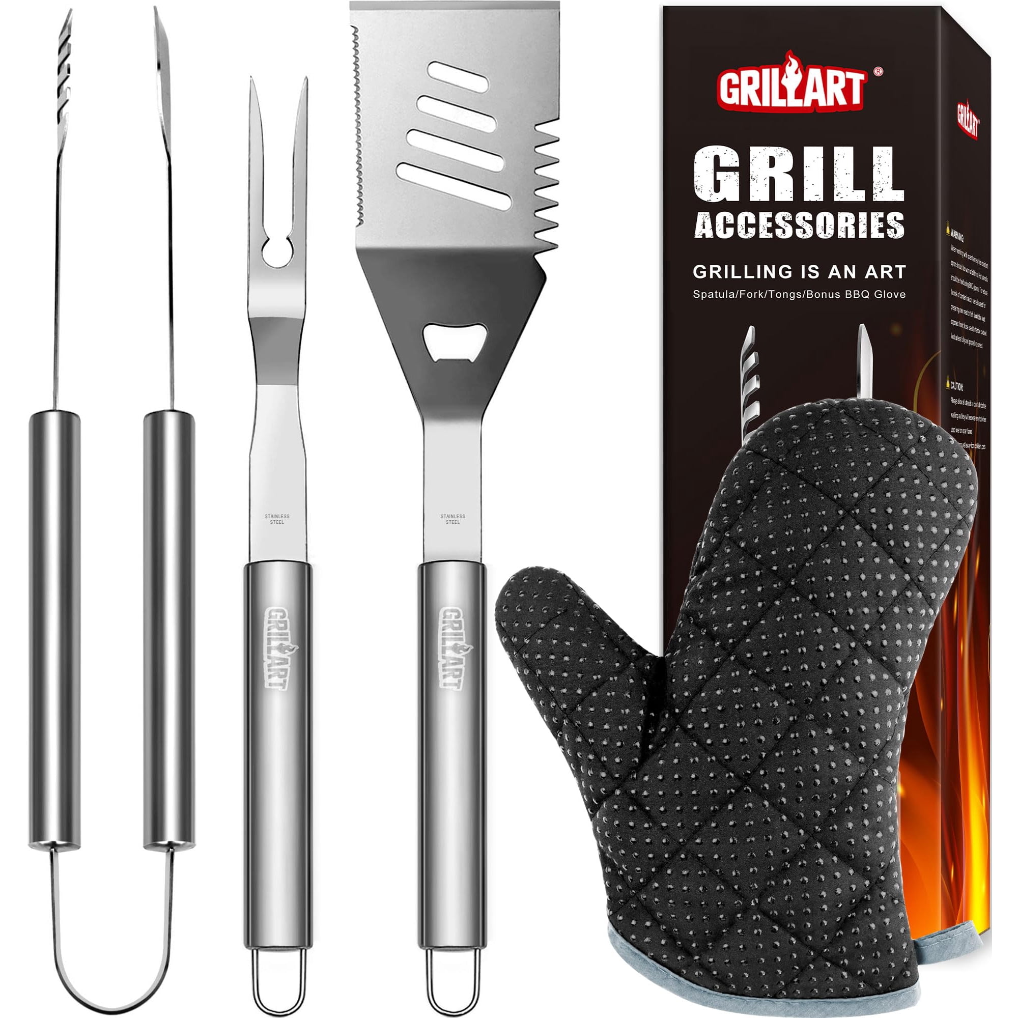 Juego De Utensilios Para Asar Grillart, 3 Piezas, Herramientas Para Barbacoa Con Guante Aislante