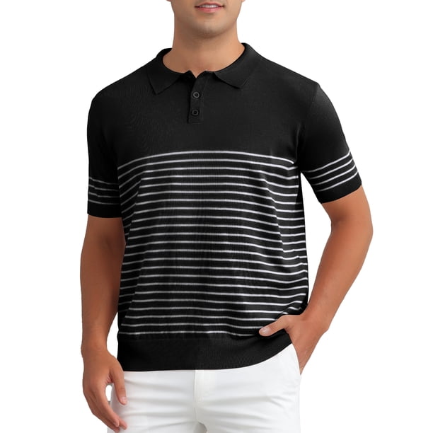 INSPIRE CHIC Camisa Polo de Hombre a Rayas Ajuste Regular Mangas Cortas Abotonada Cuello de Punto Camisas de Golf XL Negro
