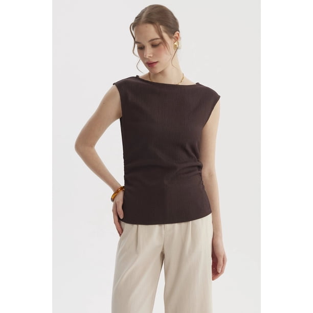 Polera Mujer Bote Drapeada Textura Café Oscuro