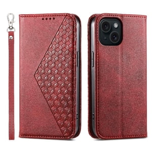 Funda Flip Foxdock Para Iphone 15 , Estilo Billetera Con Diseño Rombo, Correa De Mano Y Soporte, Uso Diario