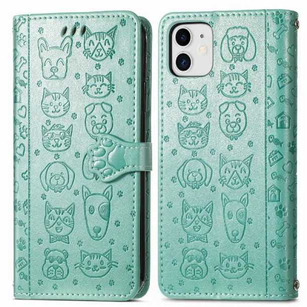 Funda Cartera FOXDOCK para iPhone 12 Mini , Flip PU con Relieve de Gatos y Perros, Tarjetero y Soporte