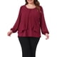 thumbnail image 1 of Agnes Orinda Blusa Elegante de Mujer Talla Grande para Escuela o Universidad, Panel en Capas de Gasa, Cuello Redondo, Manga Larga, 1X Burdeos, 1 of 6