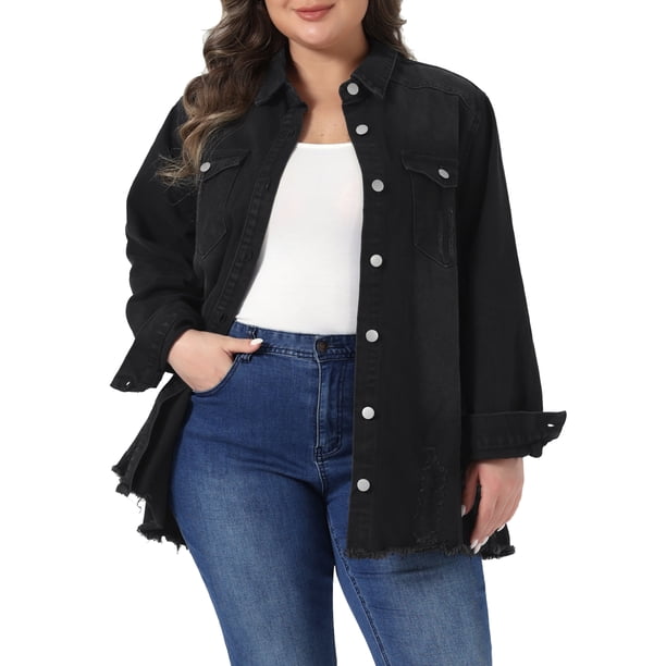 Chaqueta de mezclilla con botones para mujer de talla grande Agnes Orinda, solapa, manga larga, dobladillo sin rematar, camisa casual con bolsillo 2X negro