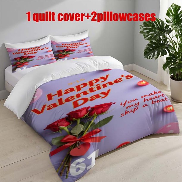 3pcs "You Make My Heart Beat" Themed Printed Bedding Set Duvet Cover and Pillowcases
