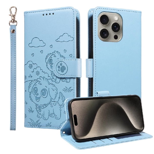 Funda Billetera FOXDOCK Compatible con iPhone 15 Pro, Diseño Perrito Tierno, Ranuras para Tarjetas y Soporte Plegable