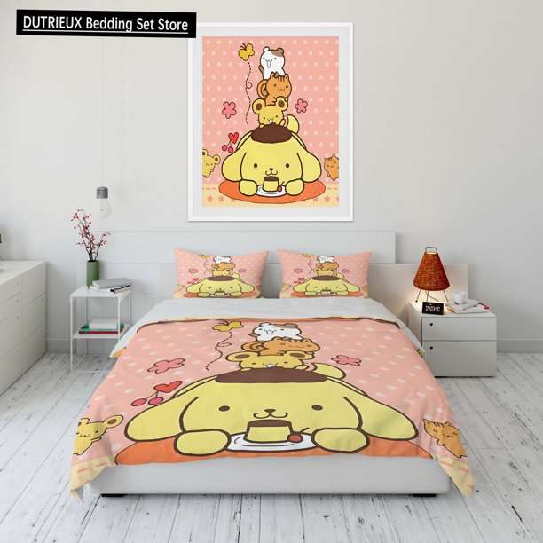 Sanrio Pom Pom Purin Printed Bedding Set Cartoon Microfiber Bed Set Pillowcase Adult Bed Cover Bedroom Bed Set Duvet Bed Sheets