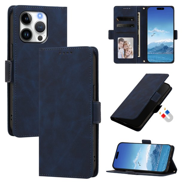 Funda Billetera Delgada para iPhone 16 Pro con Ranuras y Soporte Azul oscuro