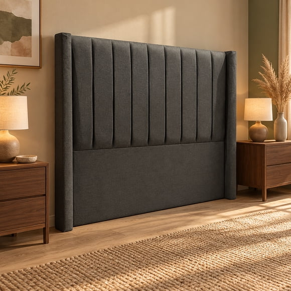 Respaldo de Cama 2 Plazas Lineal con Alas Tapizado en Lino Gris Oscuro 160 x 130 cm
